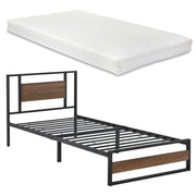 Letto in Acciaio con Materasso a Schiuma Fredda 200 x 90 cm Letto Singolo in Stile Moderno con Elementi Decorativi in Effetto Legno di Color Noce  - Struttura Nera