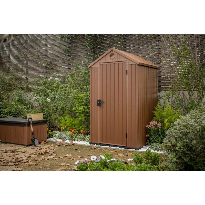 Casetta da giardino in resina EVOTECH+ effetto legno 125,8x117x205 cm - con pavimento rialzato e finestra laterale - Marrone – Keter