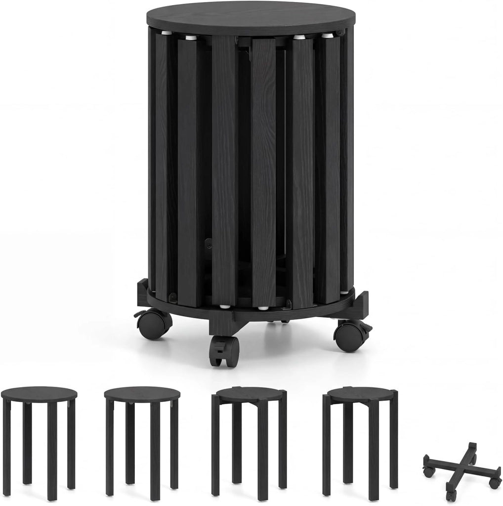 Set di 4 Sgabelli Impilabili 4 in 1, Sgabelli in Legno con Portavaso con Rotelle, 2 Grandi Ø36 cm e 2 Piccoli Ø35 cm, Tavolino Laterale Rotondo per Soggiorno e Camera da Letto (Marrone)