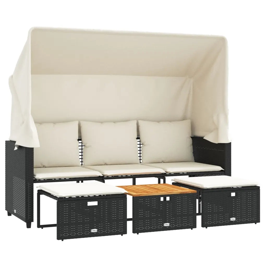 Divano Giardino 3 Posti Baldacchino e Sgabelli Nero Polyrattan