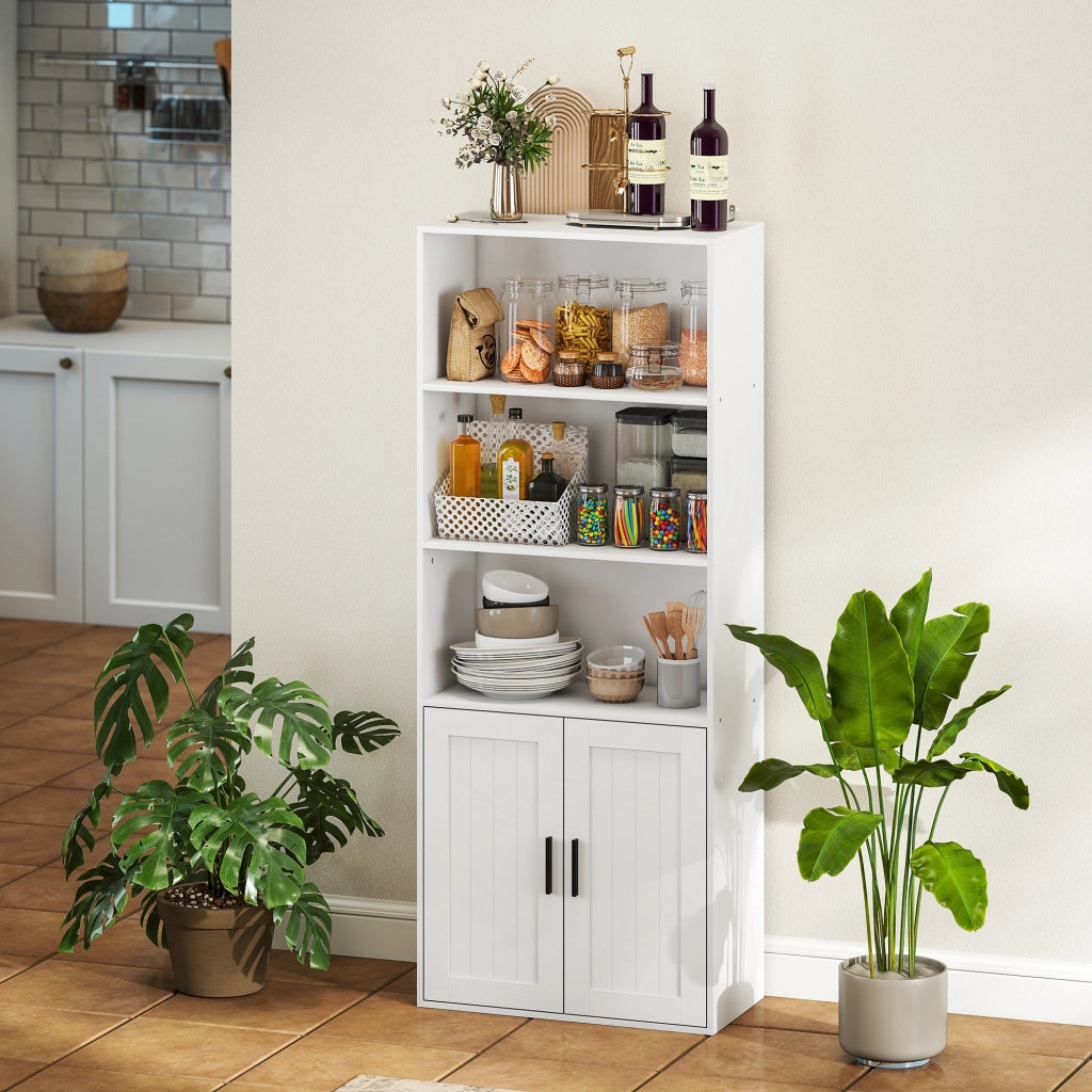 Libreria con Ripiani Aperti e Armadietto 2 Ante 60x30x145.5 cm in MDF Bianco