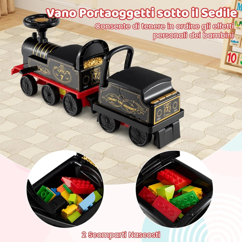 Trenino Elettrico con Vagone, 6V Giocattolo Elettrico a Batteria con Contenitore, Poggiapiedi Estraibili, Musica e Luci LED, Auto Elettrica per Bambini 18+ Mesi