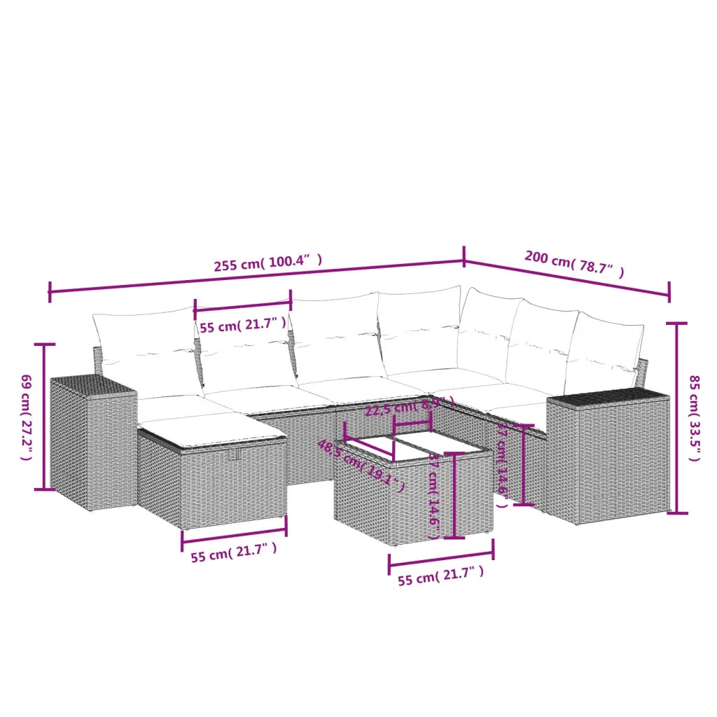Set Divano da Giardino 8pz con Cuscini Grigio Chiaro Polyrattan 3264468