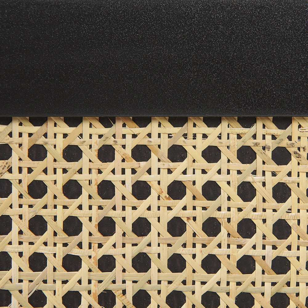 Porta TV in legno di manifattura nero con frontali in rattan e intreccio di vimini Gambe in legno di gomma nero 2 armadietti scaffali aperti Credenza in stile boho Soggiorno