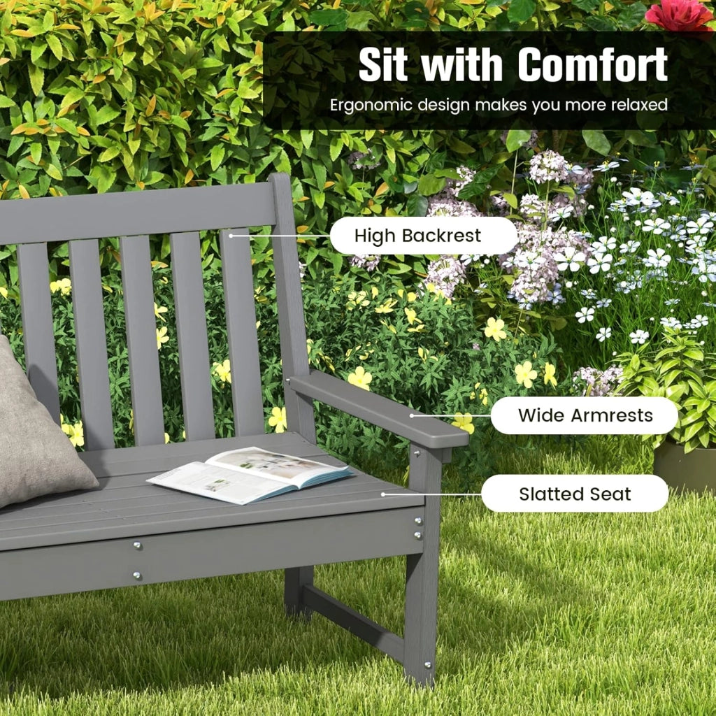Panca da Giardino per 2 Persone in Plastica con Schienale Alto, Panca da Esterno Resistente alle Intemperie, Ideale per Parco, Patio e Terrazza, Grigio, 132 x 65 x 91 cm