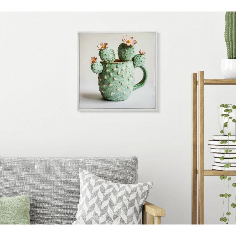 Stampa Su Tela Laccata Con Cornice Vasetto Cactus -c- cm 40x2,8x40