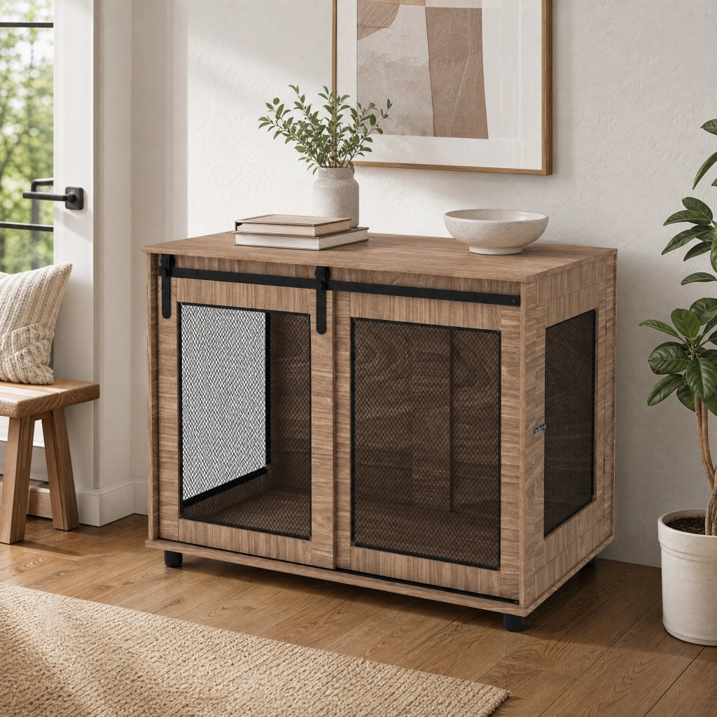Gabbia per cani 98x60x78 cm con porta scorrevole in legno noce