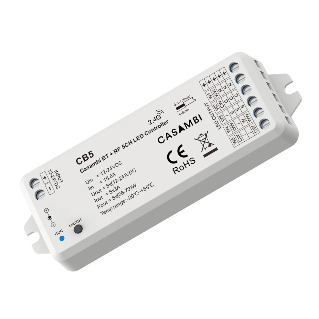 Led Dimmer Bluetooth APP Casambi, RF 2.4GHz, 5 in 1 Per Striscia Led Mono Colore CCT RGB RGBW RGB+CCT 12V 24V 5CHX3A, 0-100%