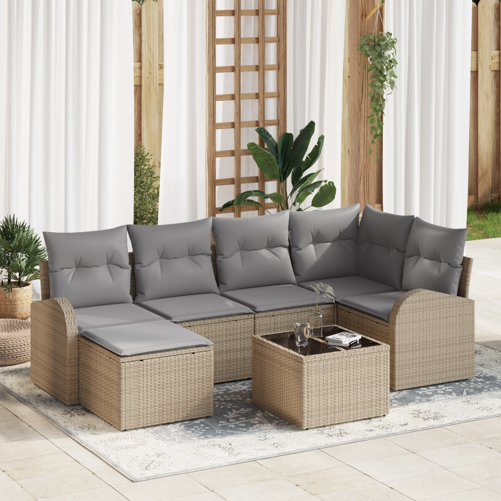 Set divano giardino 7 pezzi con cuscini neri in polyrattan