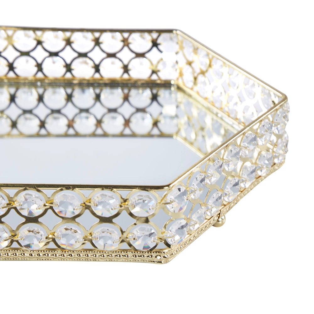 Vassoio decorativo in ferro dorato e vetro esagonale a specchio con strass da tavolo con i glamour