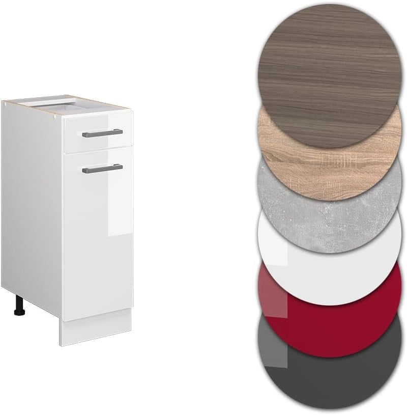 Base universale R-Line, Bianco lucido, 30 cm con cassetto, senza piano di lavoro, adatto per essere riposto in modo salvaspazio nelle cucine componibili