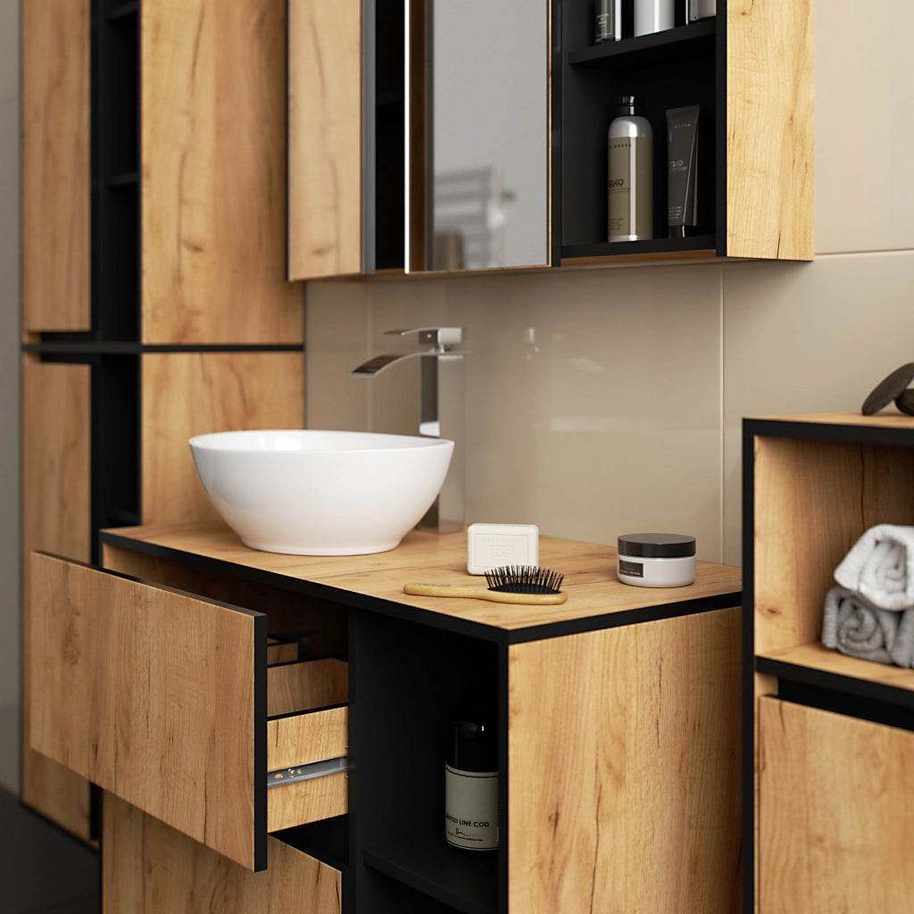 Set di mobili da bagno sospesi VAMI in Rovere Craft con interno Nero con fori per lavabo da appoggio