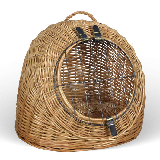 Cuccia trasportino in vimini per gatti con manico e sportello in metallo