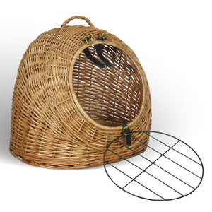 Cuccia trasportino in vimini per gatti con manico e sportello in metallo