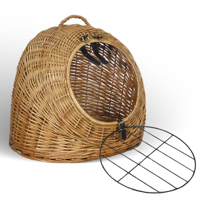 Cuccia trasportino in vimini per gatti con manico e sportello in metallo