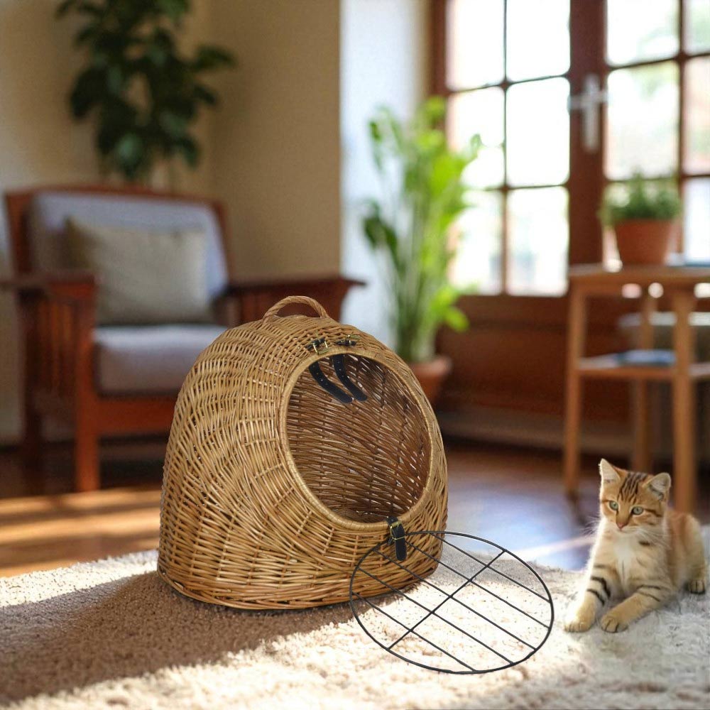Cuccia trasportino in vimini per gatti con manico e sportello in metallo