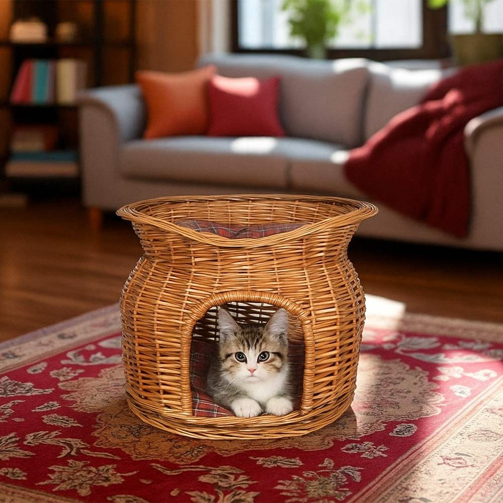 Cuccia cesto lettino igloo a due piani in vimini naturale con due cuscini