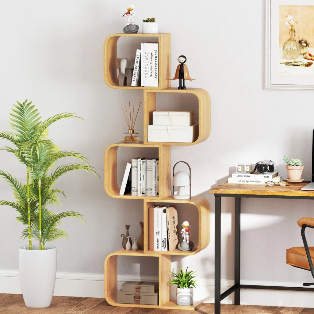 Libreria mensola in bamb¨´ con 5 cubi aperti a 5 livelli a forma di S-Libreria scaffale geometrico angolare esposizione Naturale