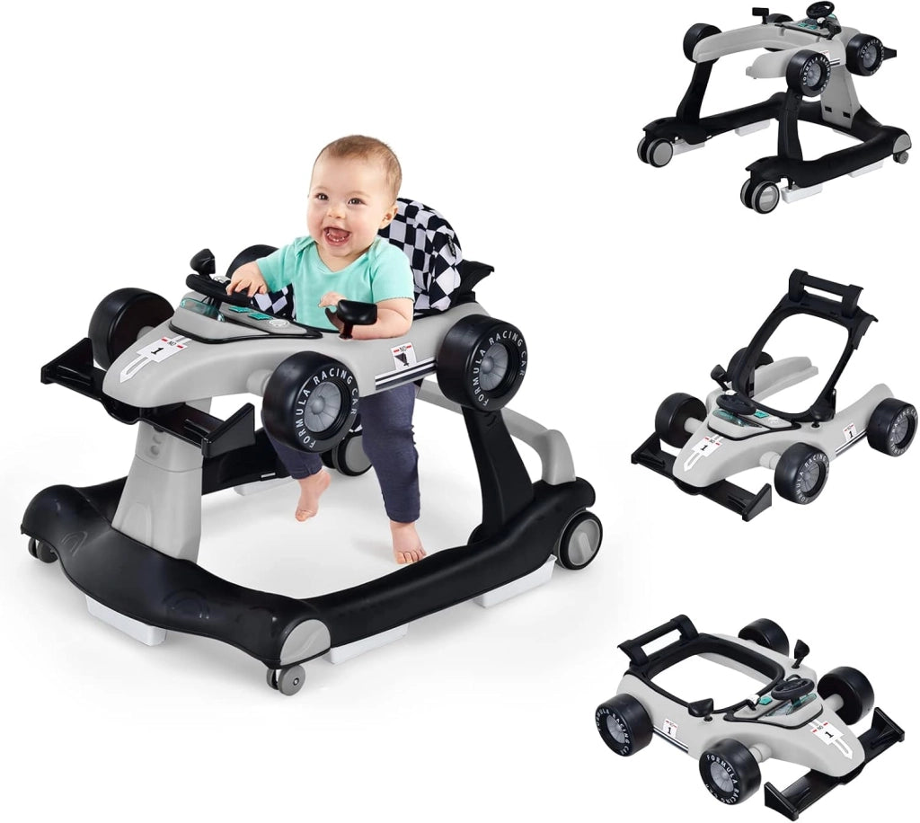Girello per Bambini 4 in 1, Girello Pieghevole con Altezza e Velocità Regolabili, Carillon con Luci, Volante, Primi Passi per Bambini 6-18 Mesi, Portata 12 kg (Rosso)