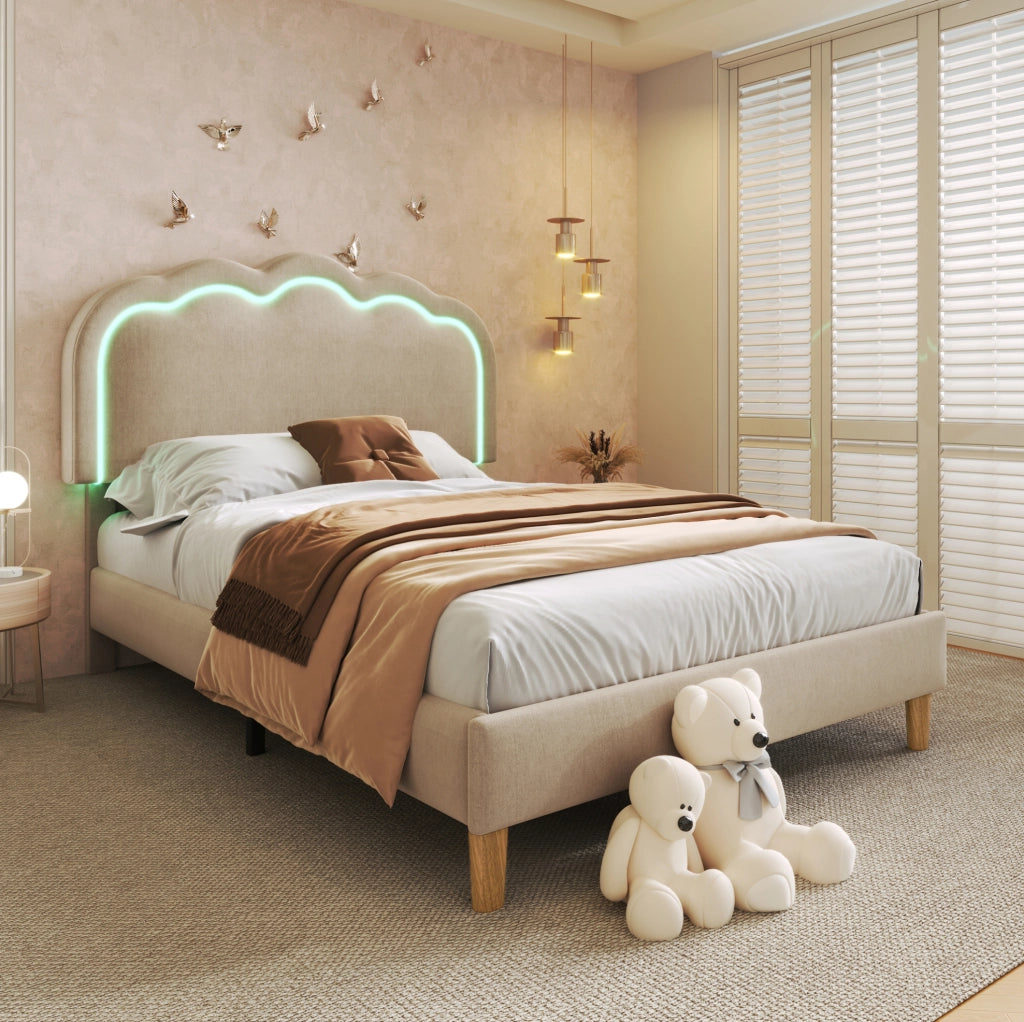 Letto imbottito LED 90x200 cm con testiera regolabile; beige