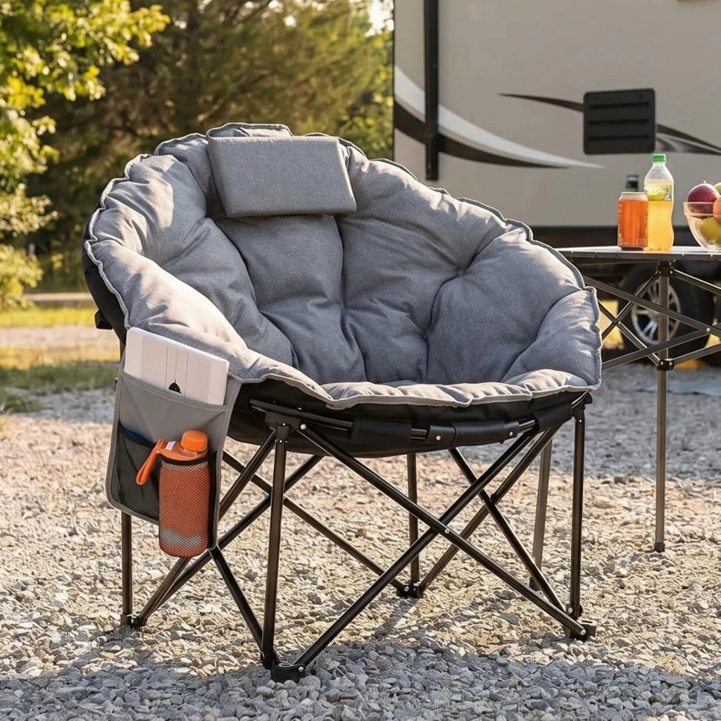 Sedia Pieghevole da Campeggio 150KG, Sedia da Campo Portatile, Moonchair imbottita XXL, con Poggiatesta, Tasca Laterale, borsa per il trasporto, per Giardino, Spiaggia, Trekking, Pesca, Grigio