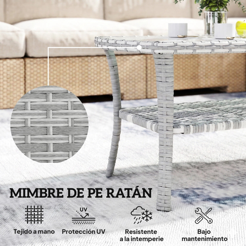 Tavolo da Giardino Rectangolare in Rattan con Piano in Vetro Temprato ¨C Minimal ¨C Grigio Scuro 90x50x45 cm
