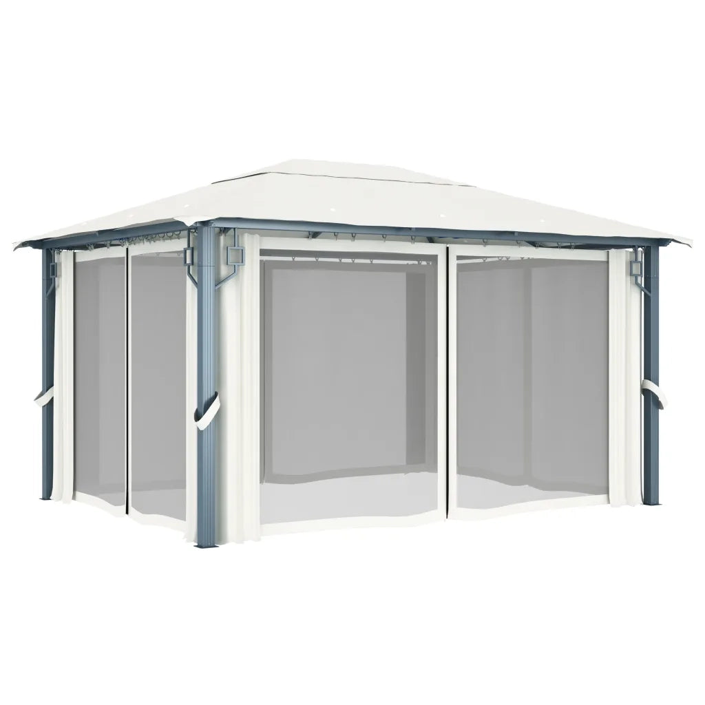 Gazebo con Tende Stringa di Luci LED 400x300 cm Crema Alluminio 3070335
