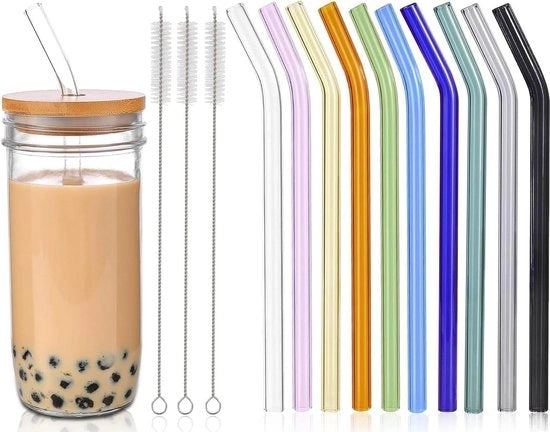 Set di stecchi in vetro riciclabili colorati - 13 pezzi - comprensivo di 10 stecchi curvi + 3 spazzole per pulizia - adatto per Bubble Tea Slush cocktail e succhi