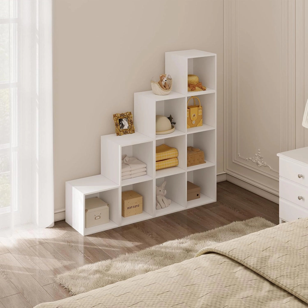 Libreria Scaffale, Libreria a 10 Cubi, Scaffale a Scala Componibile, Mobile Portaoggetti in Legno, Divisorio per Camera da Letto, Soggiorno, Ufficio, 120x30x120cm, Bianco, SK035ws