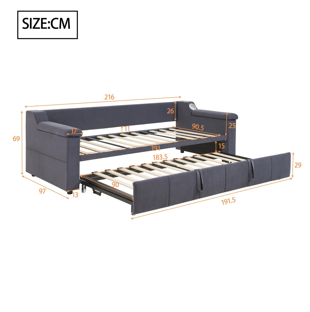 Divano letto estraibile 90/180x190 cm con Bluetooth; USB e vani in velluto grigio