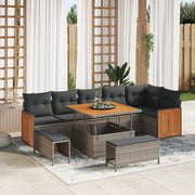 Set divani da giardino  9 pezzi con cuscini grigio polyrattan acacia