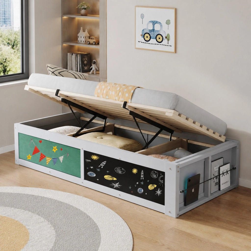 Letto multifunzionale per bambini 90 ¡Á 200 cm con contenitore idraulico, lavagna e pannello in feltro, montaggio reversibile, grigio