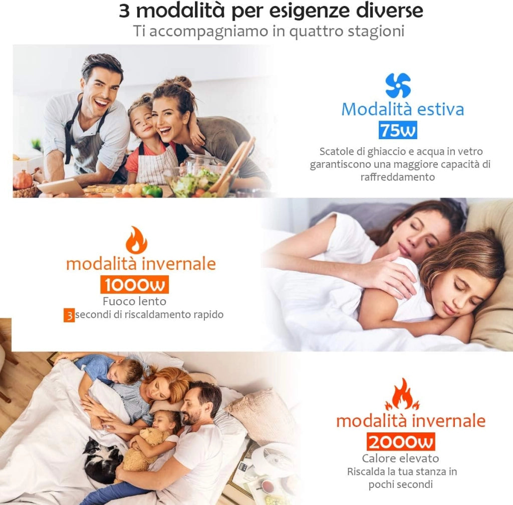 Condizionatore per Freddo Caldo, Ventilatore Climatizzatore da Terra a Evaporazione Portatile, Caldo 2000W, Freddo 75W, con Telecomando