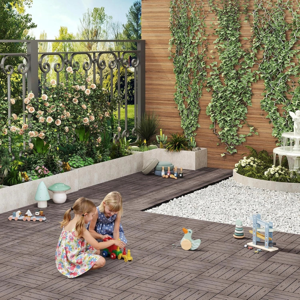 GTF002hco Piastrelle per Pavimenti da Esterno Balcone/Giardino/Terrazza Pavimentazione ad Incastro in WPC, Legno Composito (11 Pannelli / 1 m²) Caffè