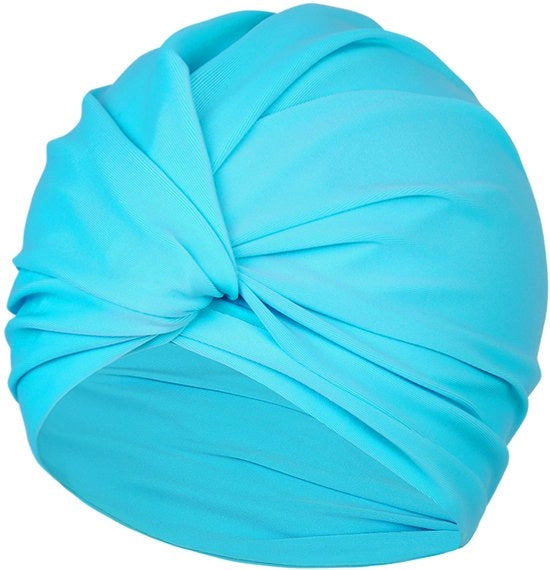 Badmuts per donne, stoffa stretch, badmuts per donne con capelli lunghi, mofette per donne adulte, mofette per donne con stile pieghettato, colore blu chiaro.