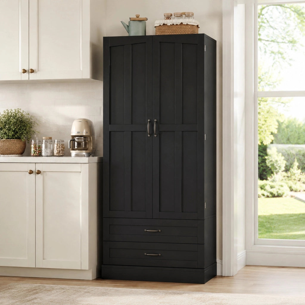 Mobile alto da cucina nero in MDF con ripiani estraibili