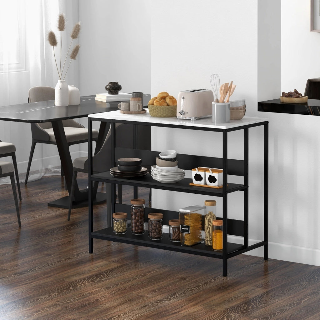 Isola da Cucina con Mensole, Piano Effetto Marmo 100x50x90 cm Struttura in Metallo Nero e Bianco
