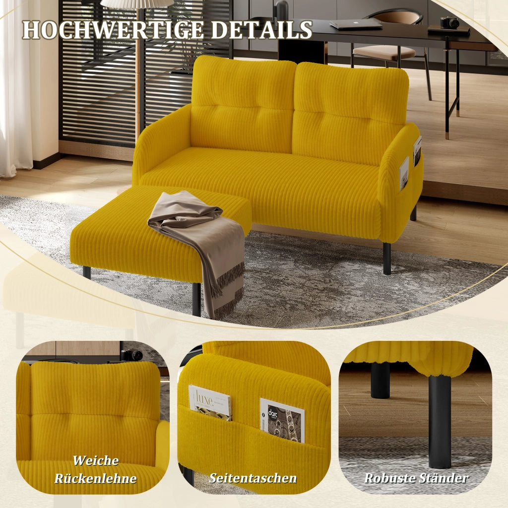 Divano 2 Posti con Schienale Ergonomico e Tasca Laterale, in Velluto a Coste Giallo 120 × 75 × 79 cm