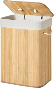 Cestino di Asciugatura in Bambù Rinnovabile con Coperchio e Sacchetti in Cotone 72 L - Beige 40 x 30 x 60 cm