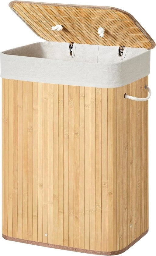 Cestino di Asciugatura in Bambù Rinnovabile con Coperchio e Sacchetti in Cotone 72 L - Beige 40 x 30 x 60 cm