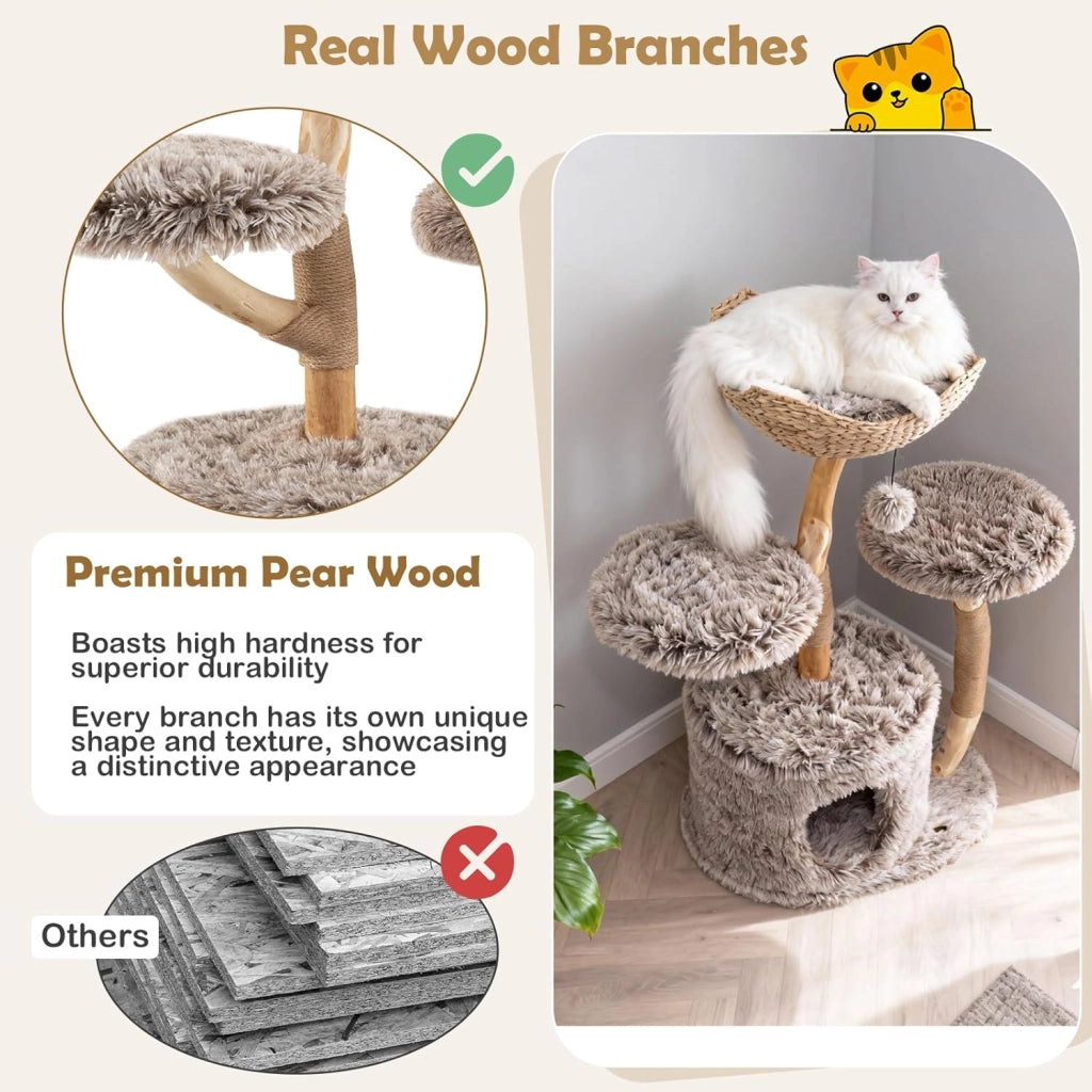Tiragraffi per Gatti in Legno, 105 cm con 2 Posatoi e 1 Cuccia Grotta in Peluche, 1 Cesto di Vimini, 1 Pompon, Corda in Juta e Tronchi Naturali, Alberi per Gatti Stabile, Marrone