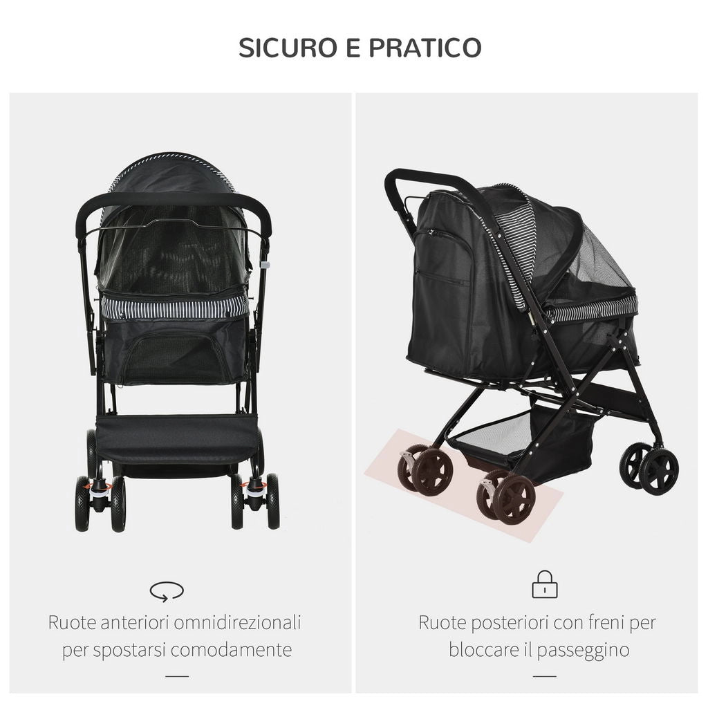 PASSEGGINO PER CANI PICCOLI PIEGHEVOLE CON MANIGLIONE GIREVOLE E CESTINO PORTAOGGETTI, NERO