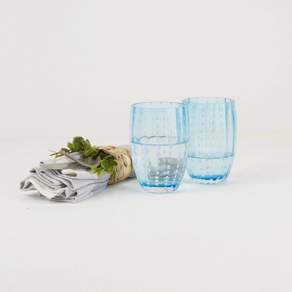 Zafferano Perle Bicchiere Acquamarina - Vetro Colorato Soffiato a Bocca, 32 cl, Lavorato a Mano - Set da 2 Tumblers Artigianali per Acqua o Cocktail