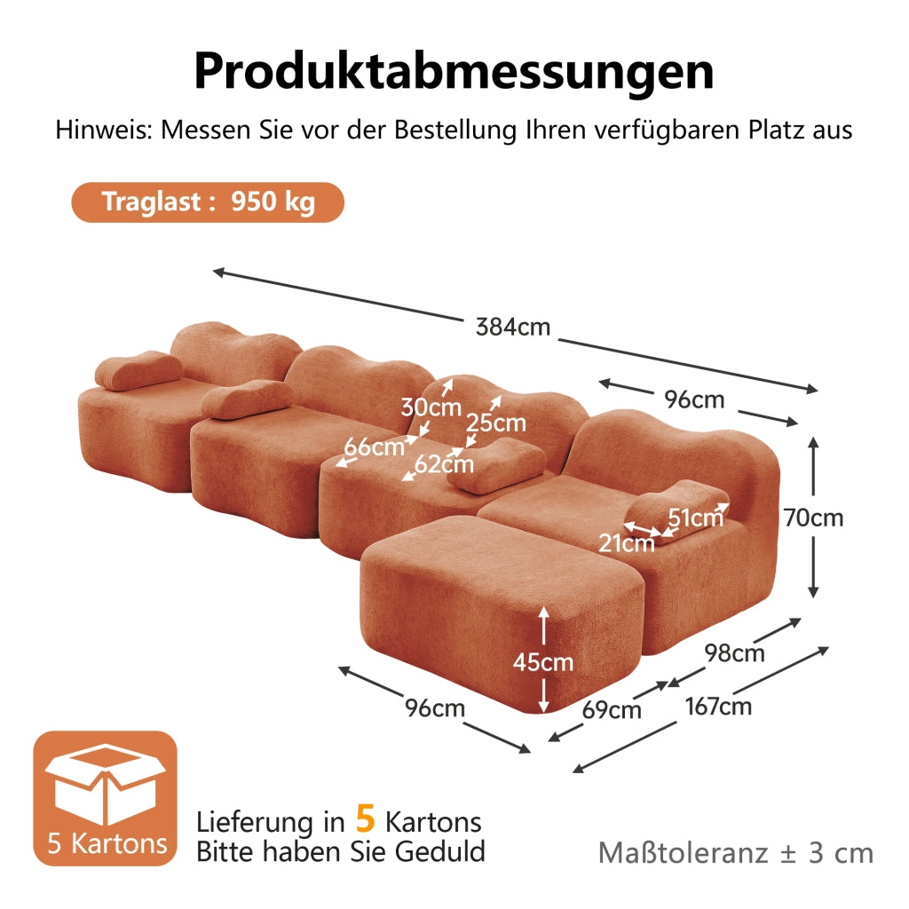 Divano angolare modulare con pouf; forma ondulata e rivestimento in velluto arancione