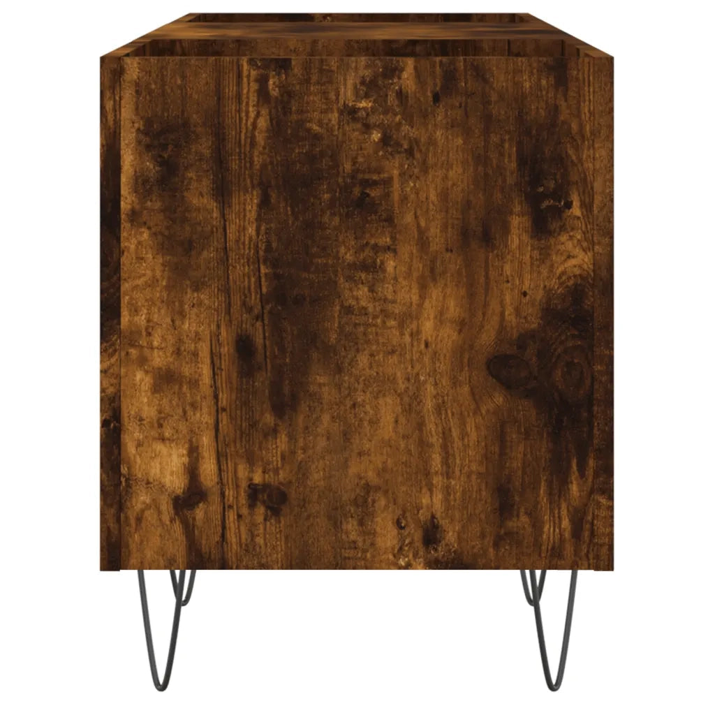 Mobile porta dischi in legno composito effetto rovere affumicato 121 x 38 x 48 cm con vano contenitore e stile industriale 02_0049093