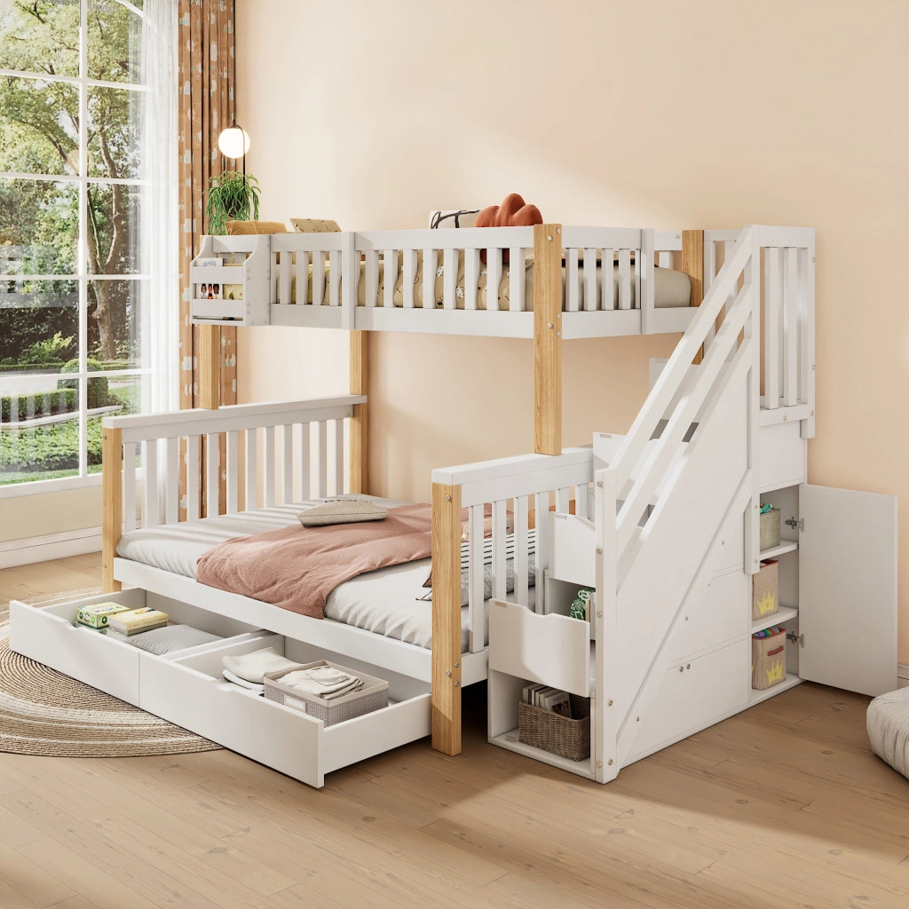 Letto a castello multifunzionale per bambini con contenitori, cassetto, scala-armadio, colore bianco e naturale