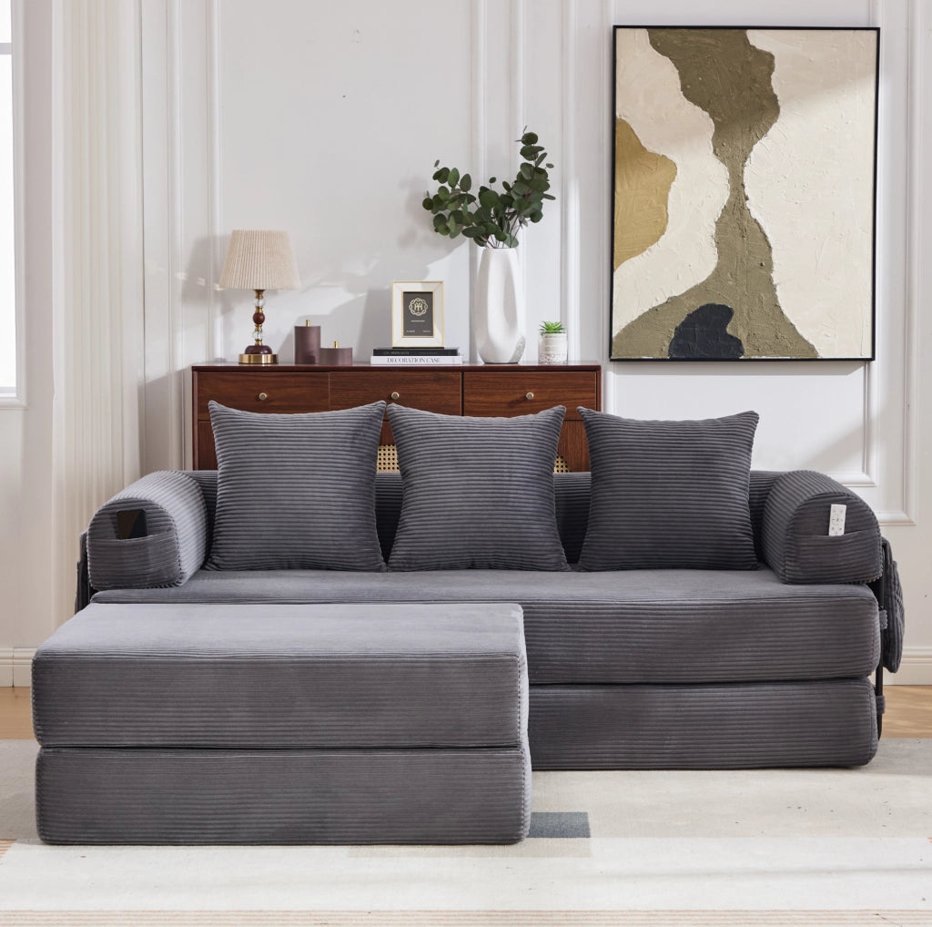 Divano modulare in velluto a coste con pouf, 3 cuscini e tasca laterale, grigio scuro