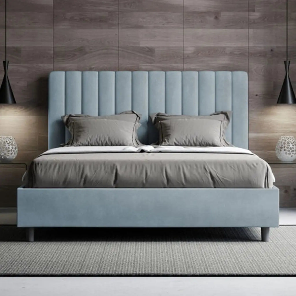 Letto matrimoniale con rete imbottito 160x200 microfibra azzurro Agueda