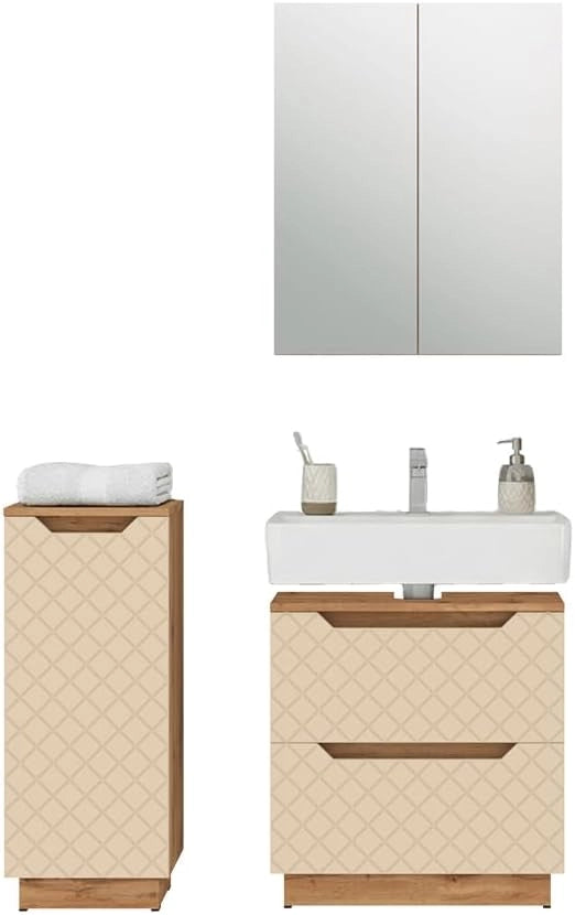 Set di mobili da bagno Lotta, Rovere/cashmere con struttura in piastrelle, 3 parti