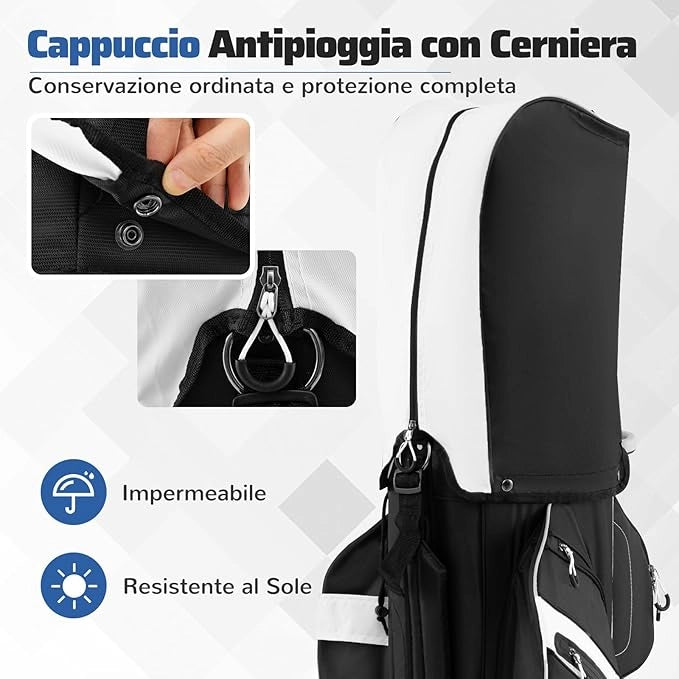 Borsa Carrello da Golf, Sacca da Golf con Serratura e Divisori a 14 Vie, 11 Tasche, Sacca Isolante, Tracolla Imbottita, Maniglie, Porta Ombrello e Cappuccio Antipioggia
